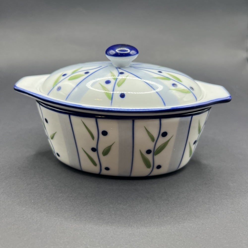 3 piece Porcelain Boat Cook Street Butter Dish Blueberry Floral Vine Design
